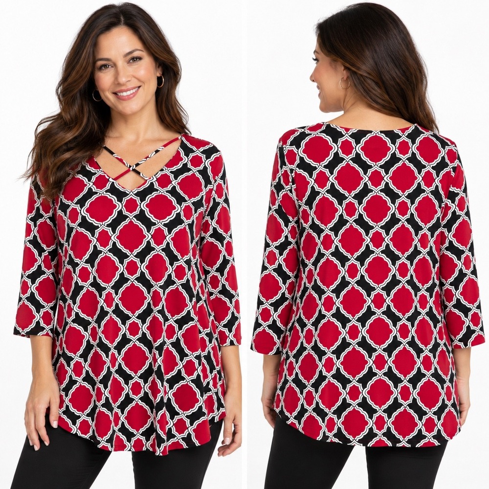 Chico's Modern Montage Caged Top Size 1 Medium Red Black Geometric Print